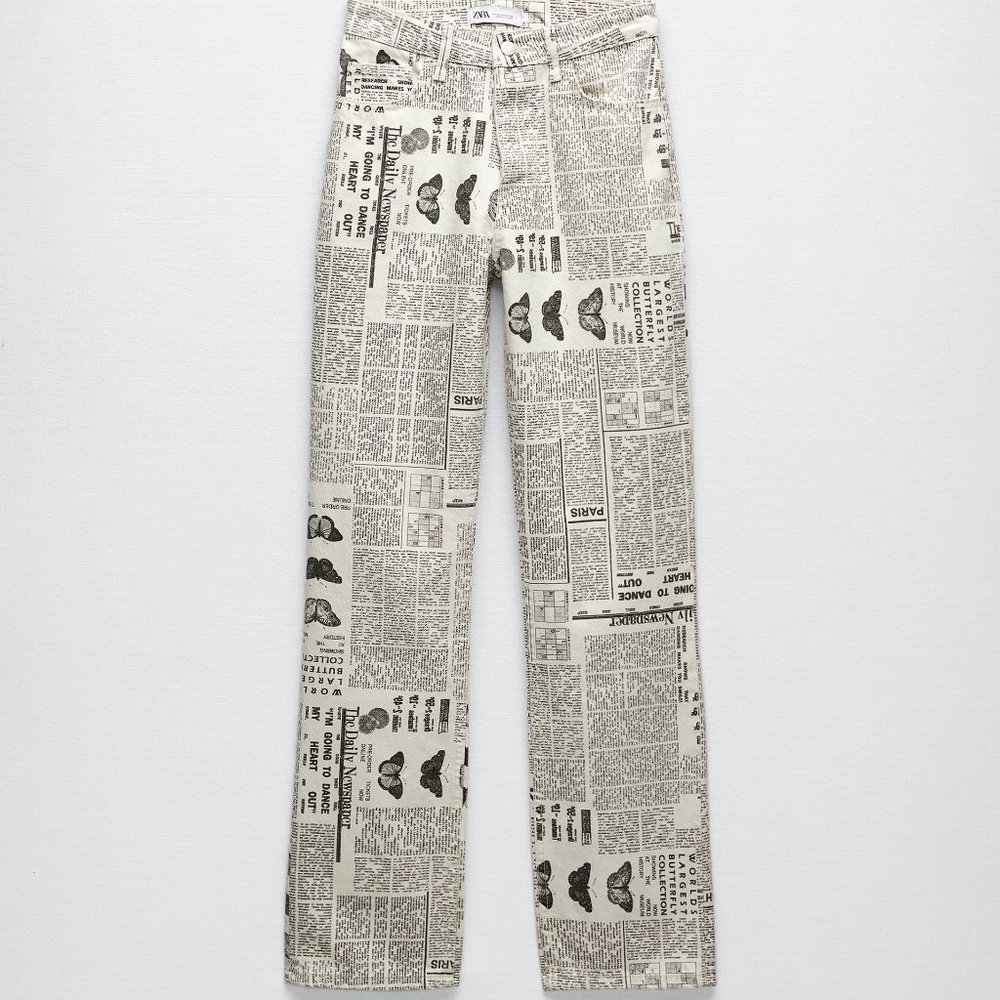 Zara Newspaper Print Straight Leg Jeans